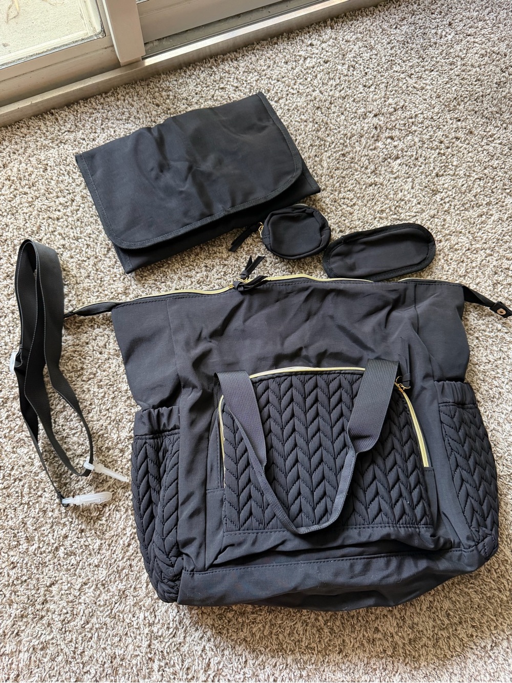 Black Quilted Baby Diaper Tote with Matching Pouches
